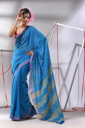 Blue cotton saree with sequined work