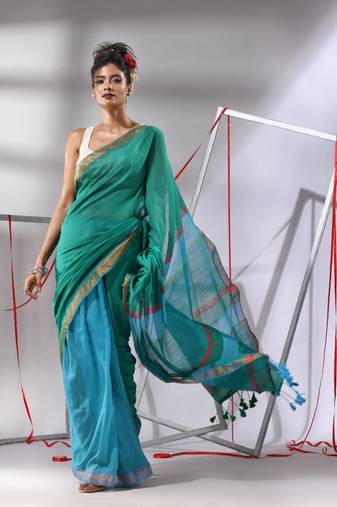 Teal patli-pallu cotton saree with stripes pallu