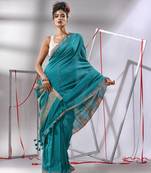 Teal cotton saree with gheecha pallu