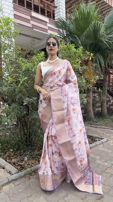 Lavender Printed Silk Blend Unstitched Party Wear Sarees With Blouse 1