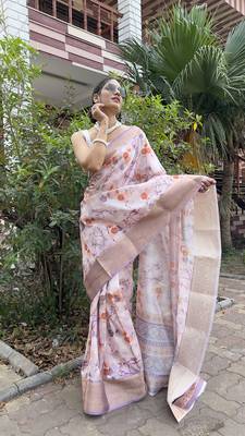 Lavender Printed Silk Blend Unstitched Party Wear Sarees With Blouse 2