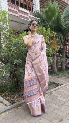 Lavender Printed Silk Blend Unstitched Party Wear Sarees With Blouse 3