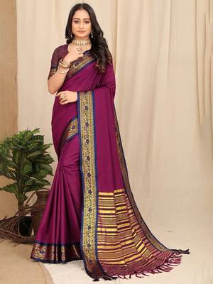 Wine Plain Cotton Unstitched Party Wear Sarees With Blouse 1