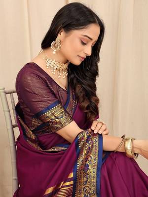 Wine Plain Cotton Unstitched Party Wear Sarees With Blouse 2