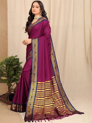 Wine Plain Cotton Unstitched Party Wear Sarees With Blouse 3