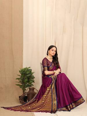 Wine Plain Cotton Unstitched Party Wear Sarees With Blouse 4