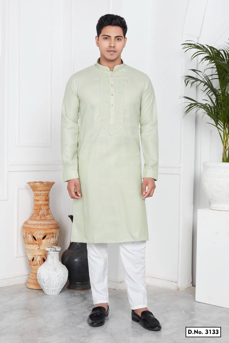 Men's pista green plain kurta pajama