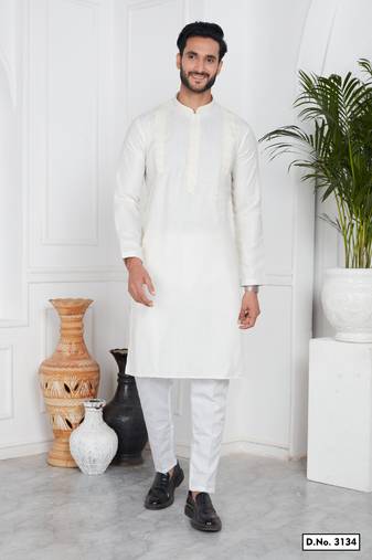 Men's cream plain kurta pajama