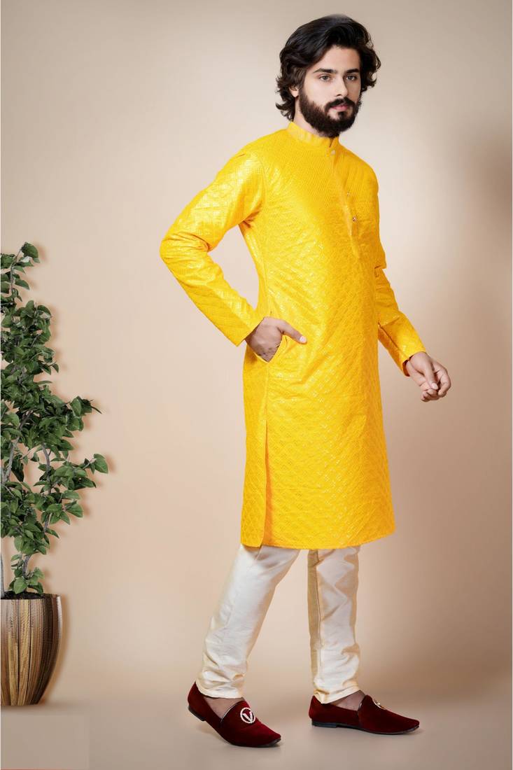Ahlan apparels siquins tiki work dupion silk kurta and pajama set for mens