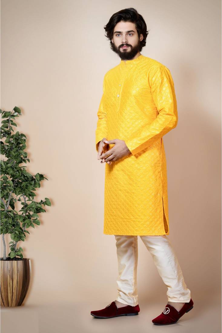 Ahlan apparels siquins tiki work dupion silk kurta and pajama set for mens