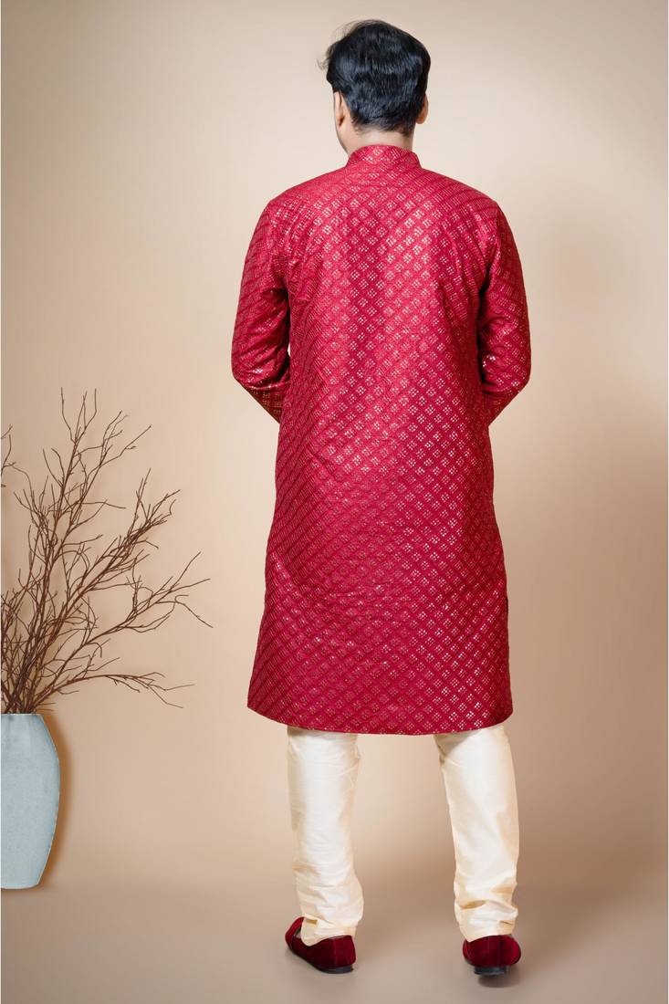 Ahlan apparels siquins tiki work dupion silk kurta and pajama set for mens