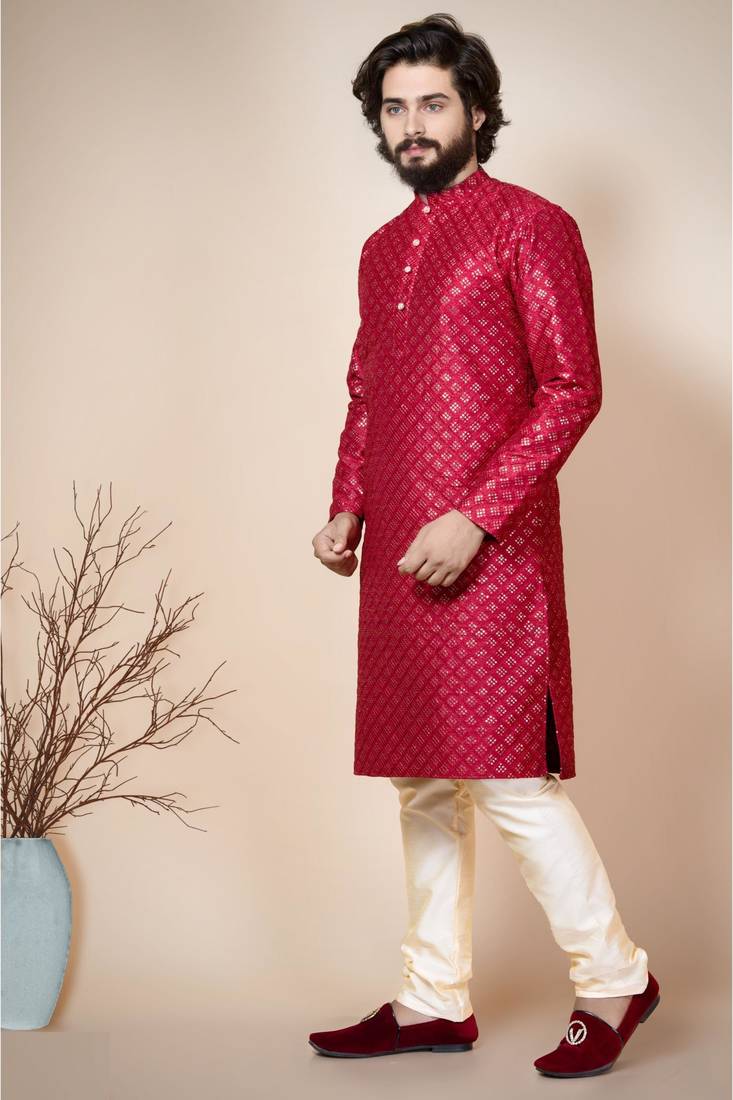 Ahlan apparels siquins tiki work dupion silk kurta and pajama set for mens