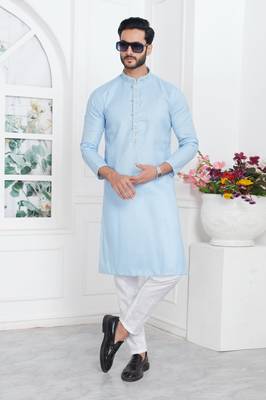 Men's sky blue embroidered kurta pajama 2