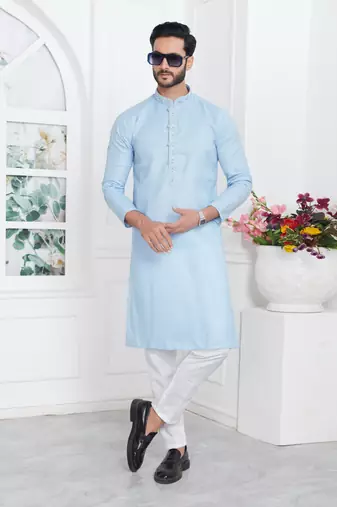 Men's sky blue embroidered kurta pajama