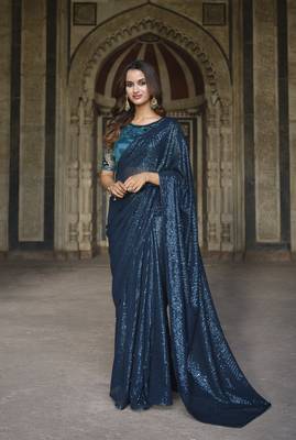 Rama Green Designer Georgette Sequin Saree With Blouse Fabric Of Satin And Net 1
