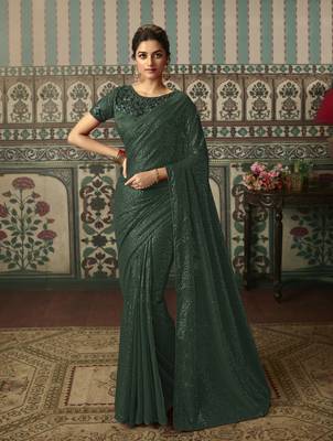 Green Embroidered Designer Georgette Sequin Saree With Blouse Fabric Of Satin And Net 1