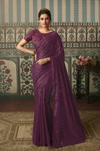 Wine Embroidered Designer Georgette Sequin Saree With Blouse Fabric Of Satin And Net