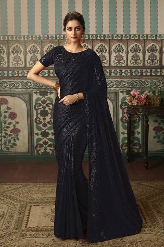 Black Designer Embroidered Georgette Sequin Saree With Blouse Fabric Of Satin And Net
