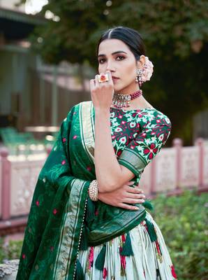Women's Tussar Silk With Patola Print Foil Work Lehenga Choli  2