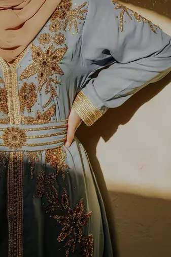Dove Gray Georgette Zari and Stone Work Wedding Kaftan