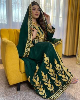 Grand Emerald Green Kaftan Gown with Heavy Gold Aari Work | Wedding & Event Dress 1