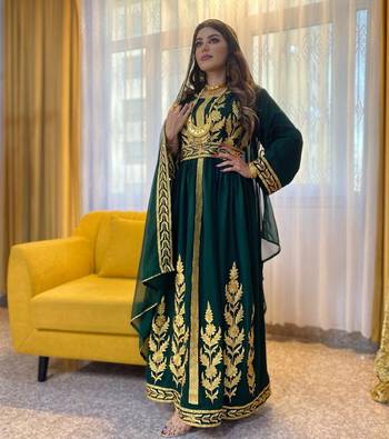 Grand Emerald Green Kaftan Gown with Heavy Gold Aari Work | Wedding & Event Dress 2