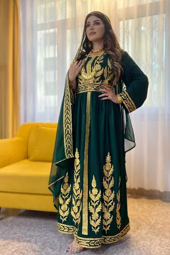 Grand Emerald Green Kaftan Gown with Heavy Gold Aari Work | Wedding & Event Dress