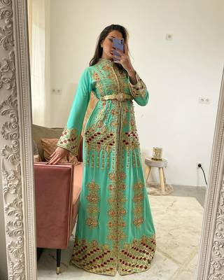 Royal Mint Green Net Aari Work Kaftan 1