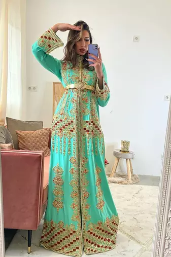 Royal Mint Green Net Aari Work Kaftan
