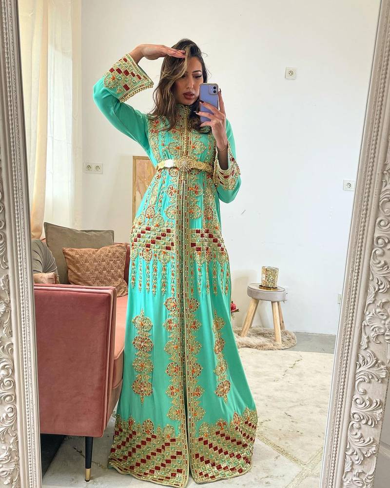 Royal Mint Green Net Aari Work Kaftan