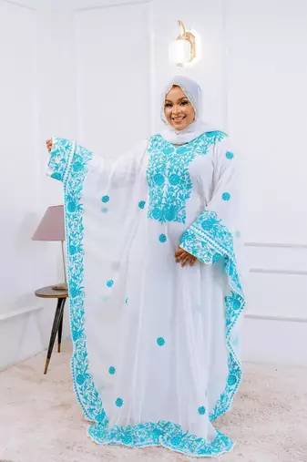 White Handcrafted Zari work Stitched Georgette Kaftan Party Dress