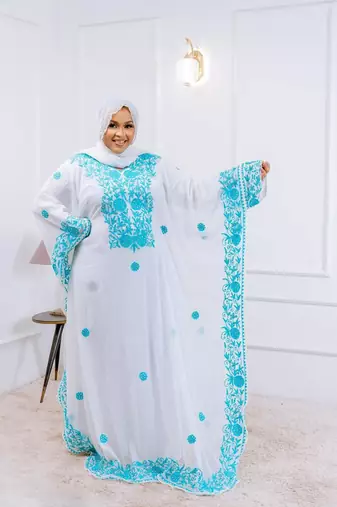 White Handcrafted Zari work Stitched Georgette Kaftan Party Dress
