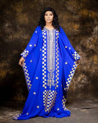 Grand Royal Blue Kaftan Gown with Heavy Gold Geometric Embroidery | Event Dress 1