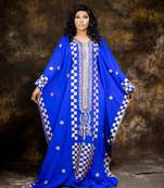 Grand Royal Blue Kaftan Gown with Heavy Gold Geometric Embroidery | Event Dress