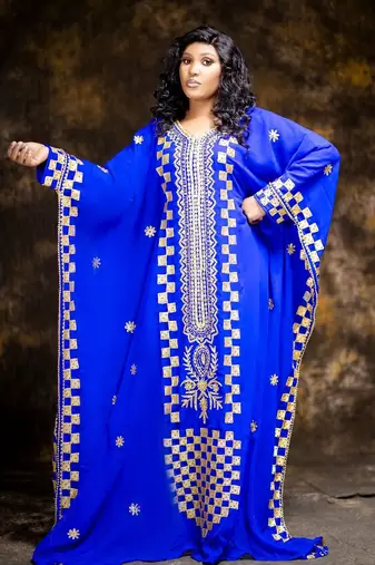 Grand Royal Blue Kaftan Gown with Heavy Gold Geometric Embroidery | Event Dress