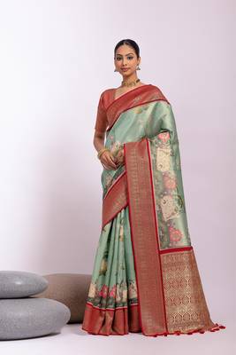  Sea Green Classic Weaving Kanjivaram Silk Saree With Unstiched  Blouse 1