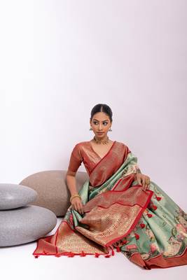  Sea Green Classic Weaving Kanjivaram Silk Saree With Unstiched  Blouse 2