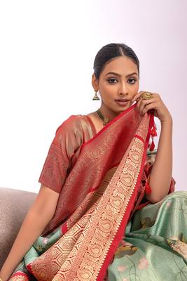  Sea Green Classic Weaving Kanjivaram Silk Saree With Unstiched  Blouse 3