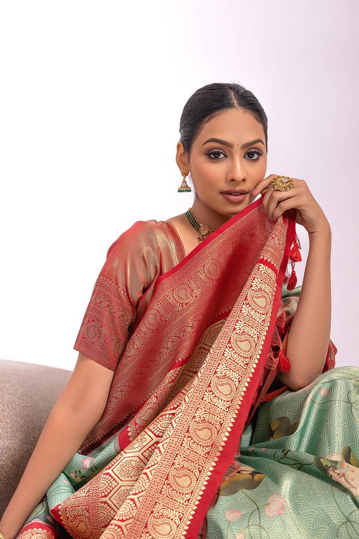  Sea Green Classic Weaving Kanjivaram Silk Saree With Unstiched  Blouse