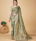 Riwazo olive green sofi silk digital print traditional tassels saree