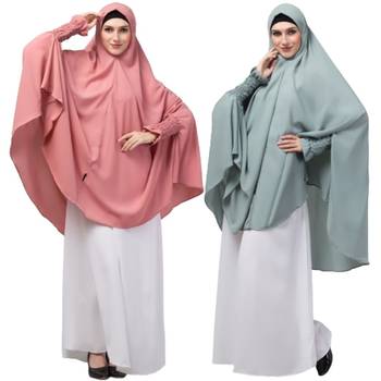 Nazneen stretchable smoking at wrist knee length Jilbab cum prayer khimar Hijab combo pack of two 1