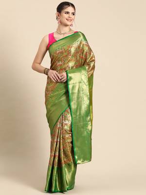 Silk Land Green Ethnic Motifs Silk Blend Saree With Unstitched Blouse Piece 1