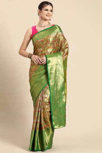 Silk Land Green Ethnic Motifs Silk Blend Saree With Unstitched Blouse Piece