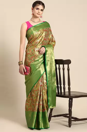 Silk Land Green Ethnic Motifs Silk Blend Saree With Unstitched Blouse Piece