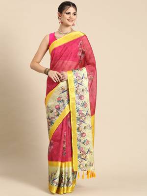 Silk land red floral faux kanjivaram silk saree with unstitched blouse piece 1