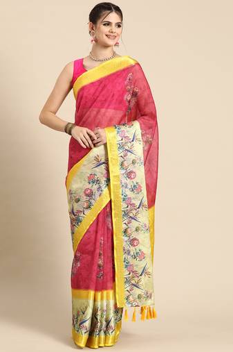 Silk land red floral faux kanjivaram silk saree with unstitched blouse piece