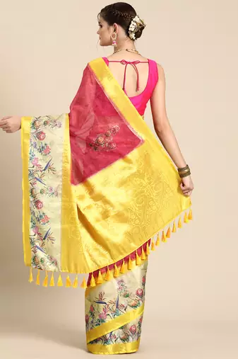 Silk land red floral faux kanjivaram silk saree with unstitched blouse piece