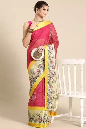 Silk land red floral faux kanjivaram silk saree with unstitched blouse piece