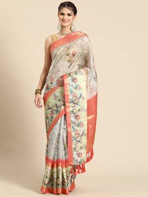 Silk land grey floral faux kanjivaram silk saree with unstitched blouse piece 1