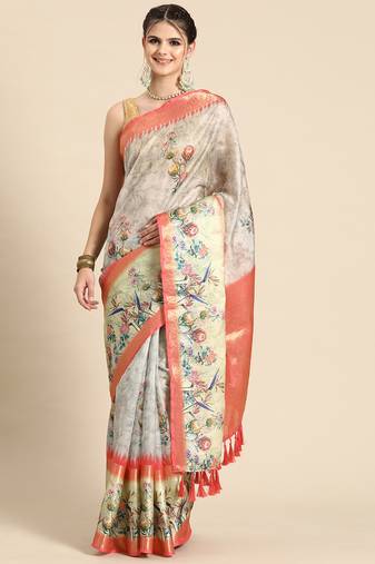 Silk land grey floral faux kanjivaram silk saree with unstitched blouse piece